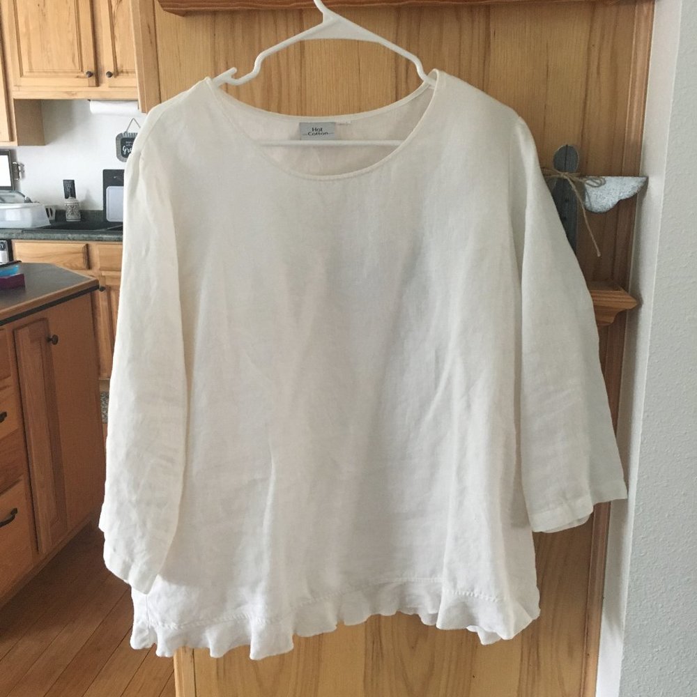 Hot Cotton Linen Blouse with Ruffled Hem